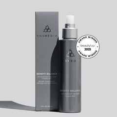Cosmedix Benefit Balance toning mist bottle with packaging box and 2025 award badge