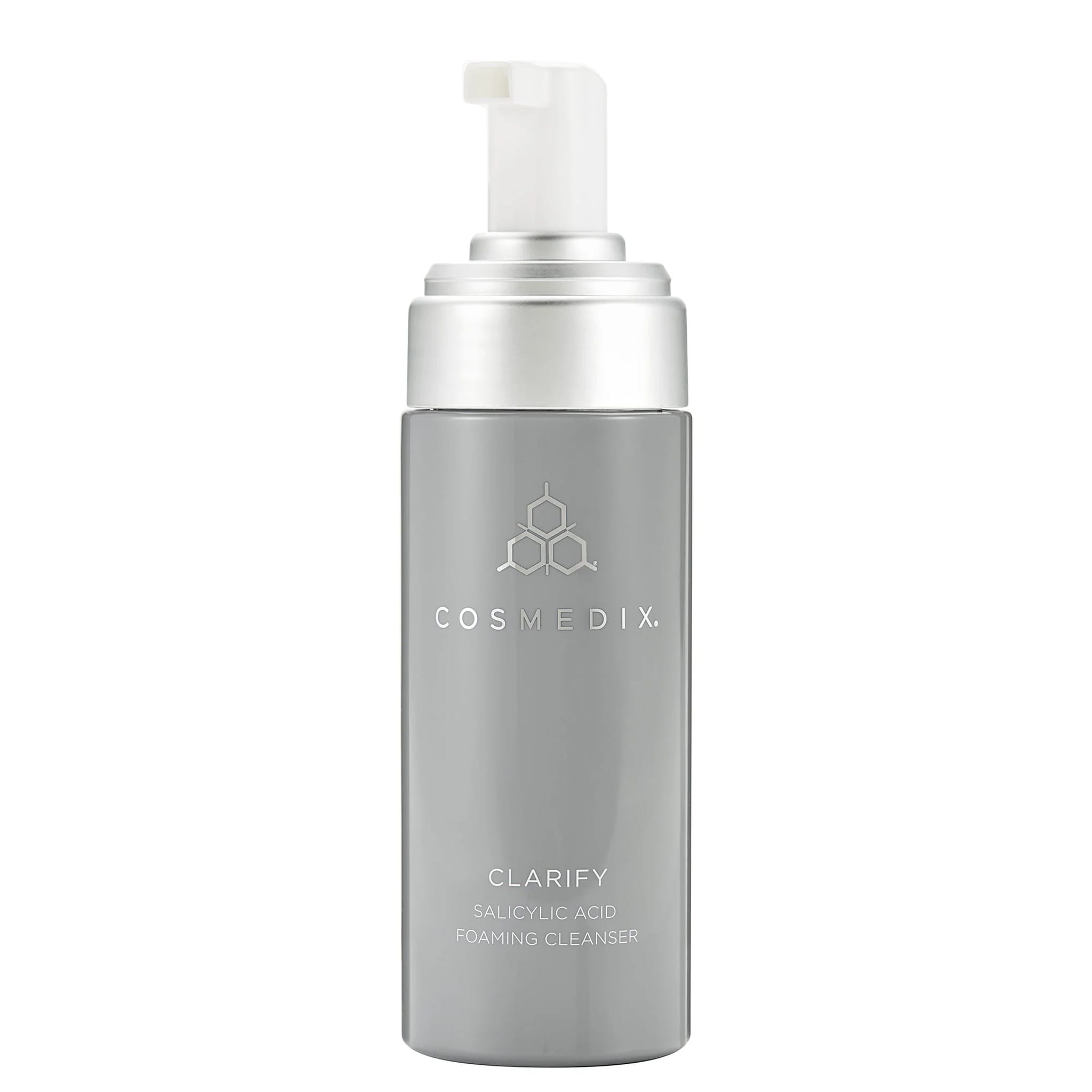 Cosmedix Clarify salicylic acid foaming cleanser pump bottle on white background