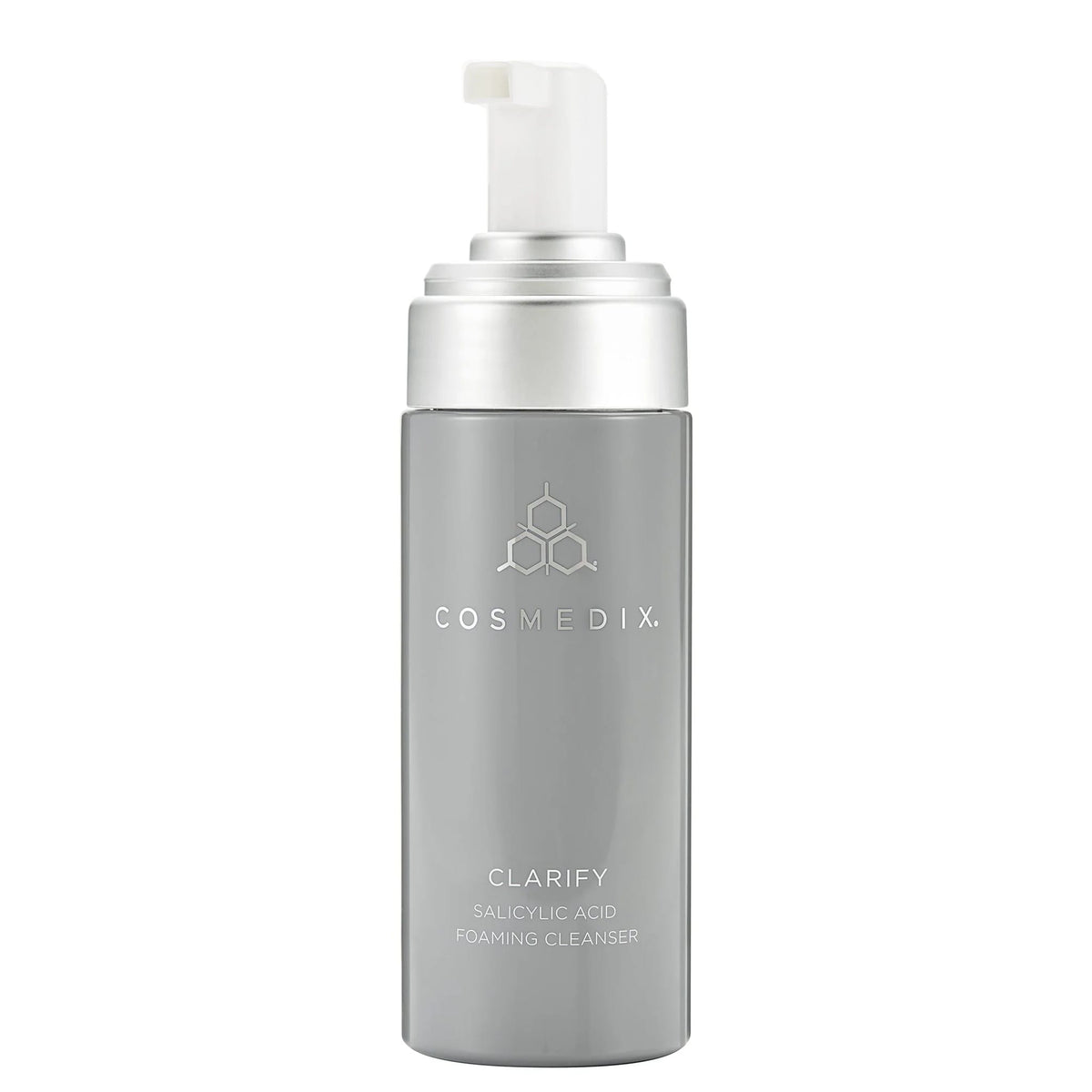 Cosmedix Clarify salicylic acid foaming cleanser pump bottle on white background