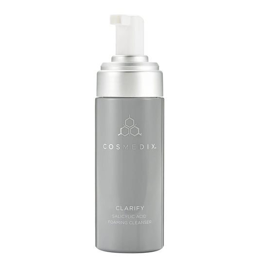 Cosmedix Clarify salicylic acid foaming cleanser pump bottle on white background