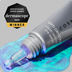 Cosmedix Opti Crystal eye serum tube with Dermascope 2025 award badge
