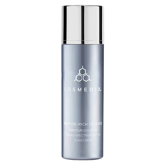 Cosmedix Peptide-Rich Defense SPF 50 moisturizer bottle on white background