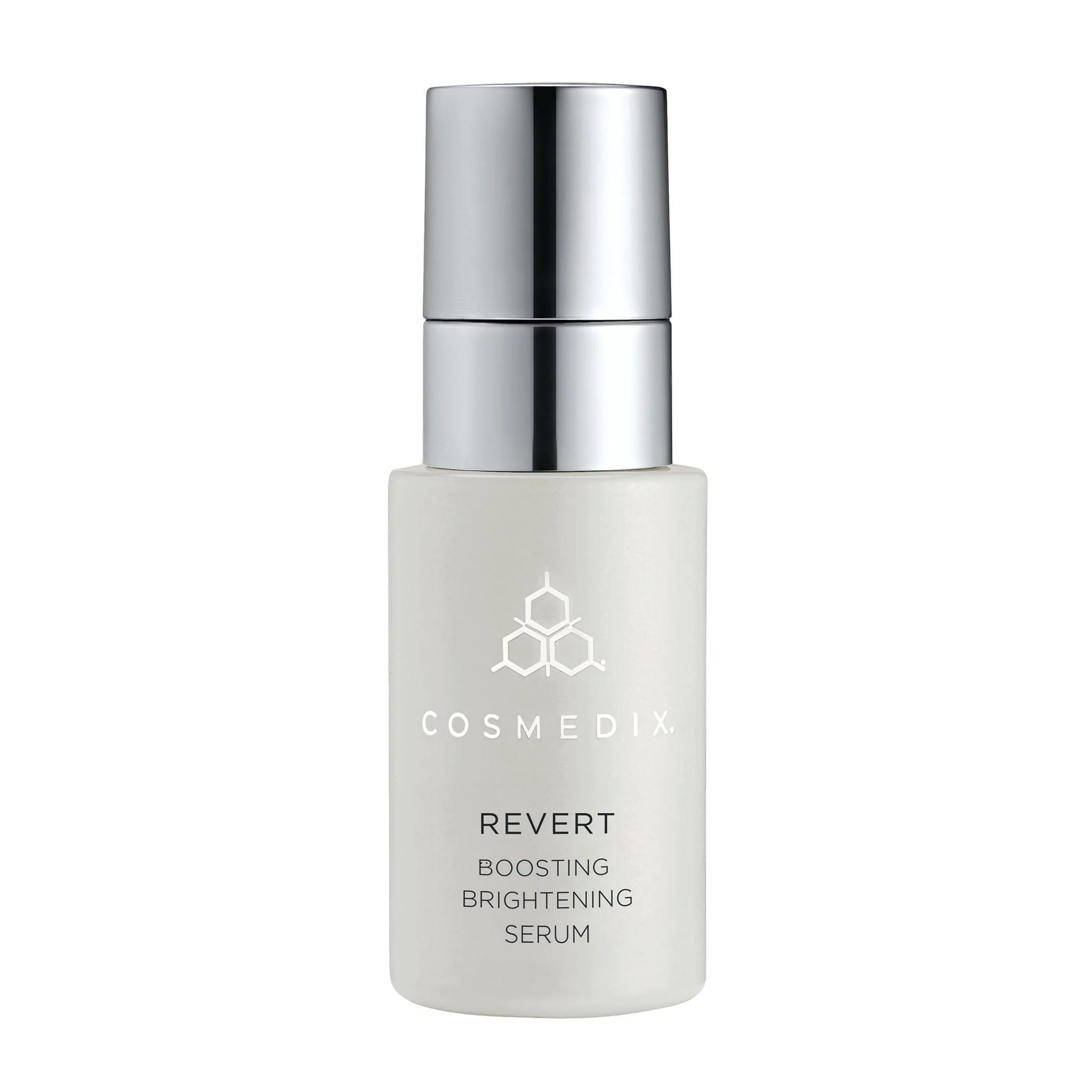 Cosmedix Revert boosting brightening serum bottle on white background