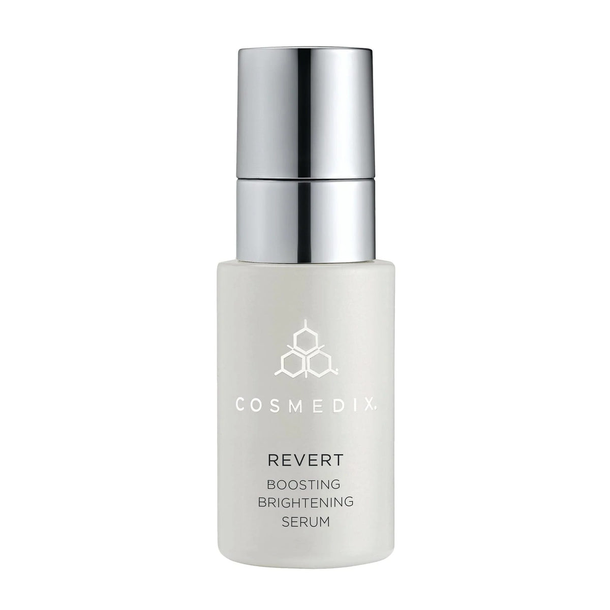 Cosmedix Revert boosting brightening serum bottle on white background
