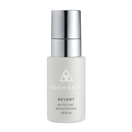 Cosmedix Revert boosting brightening serum bottle on white background