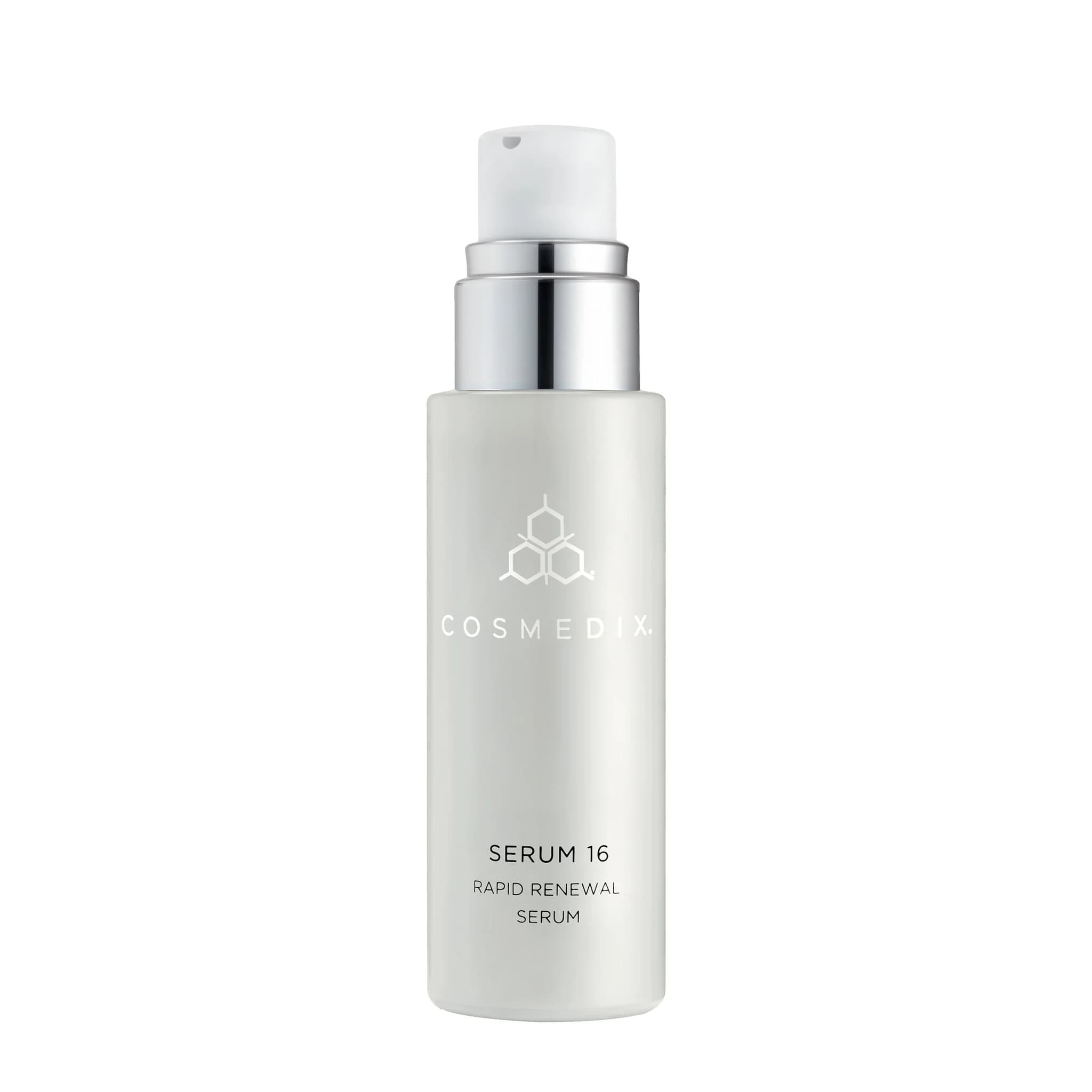 Cosmedix Serum 16 rapid renewal serum pump bottle on white background