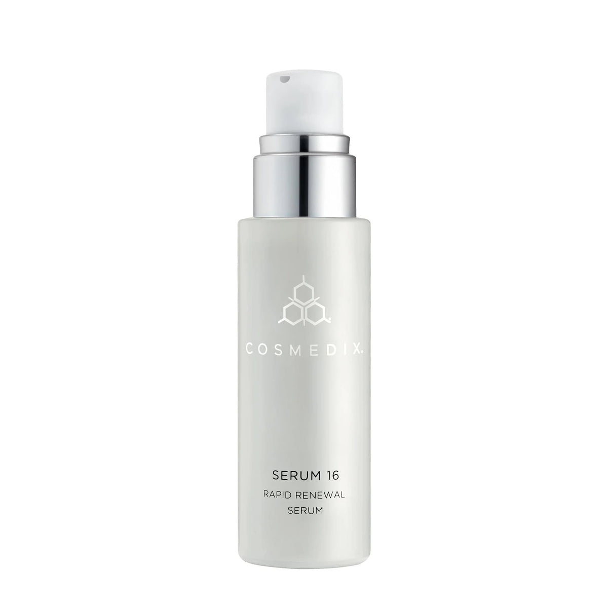 Cosmedix Serum 16 rapid renewal serum pump bottle on white background