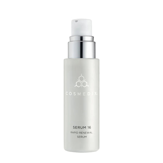 Cosmedix Serum 16 rapid renewal serum pump bottle on white background