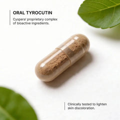 Cyspera Total Skin Oral Tyrocutin bioactive capsule closeup with green leaves clinically tested to lighten skin discoloration