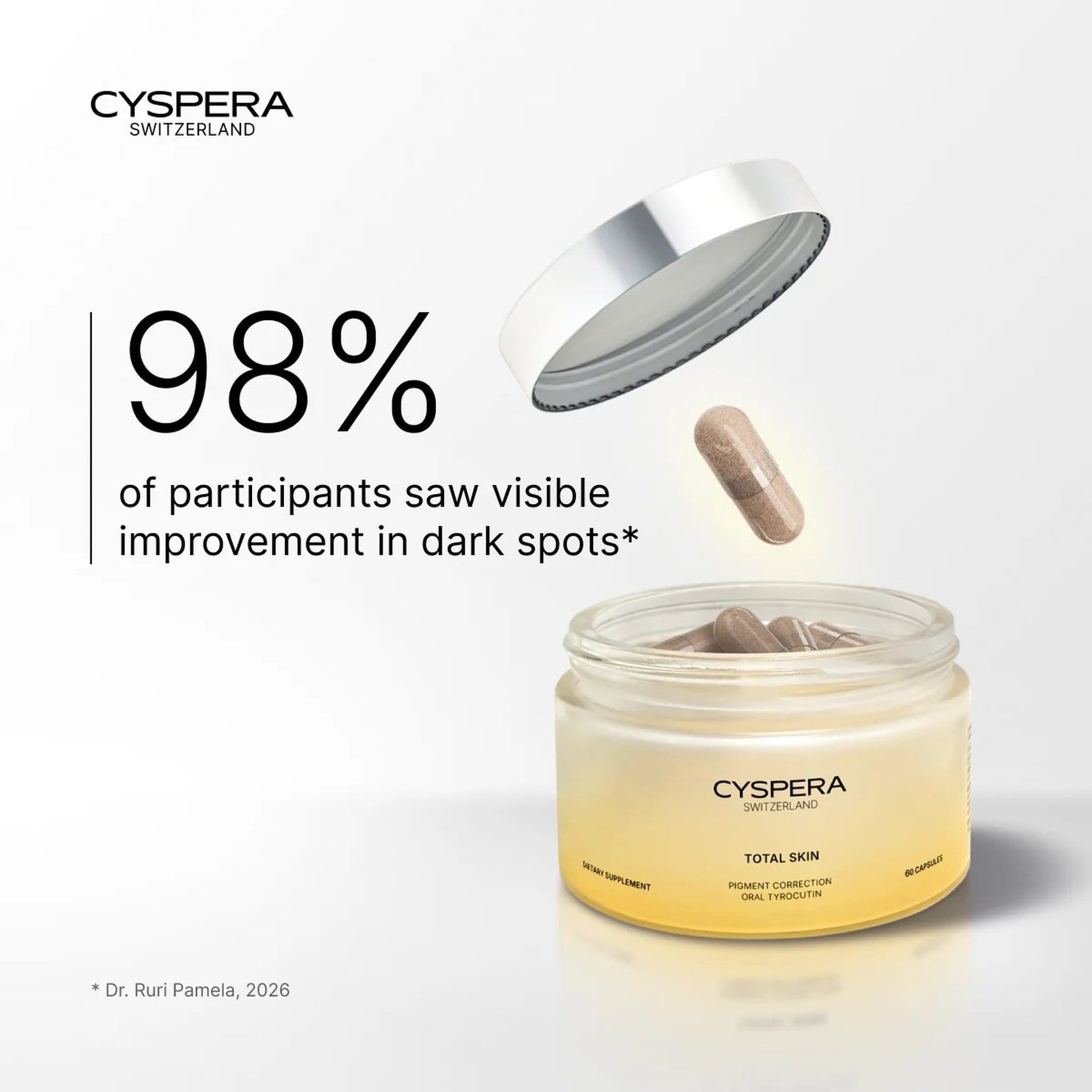 Cyspera Switzerland Total Skin dietary supplement open jar with capsule and silver lid showing 98% dark spot improvement claim