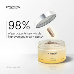 Cyspera Switzerland Total Skin dietary supplement open jar with capsule and silver lid showing 98% dark spot improvement claim