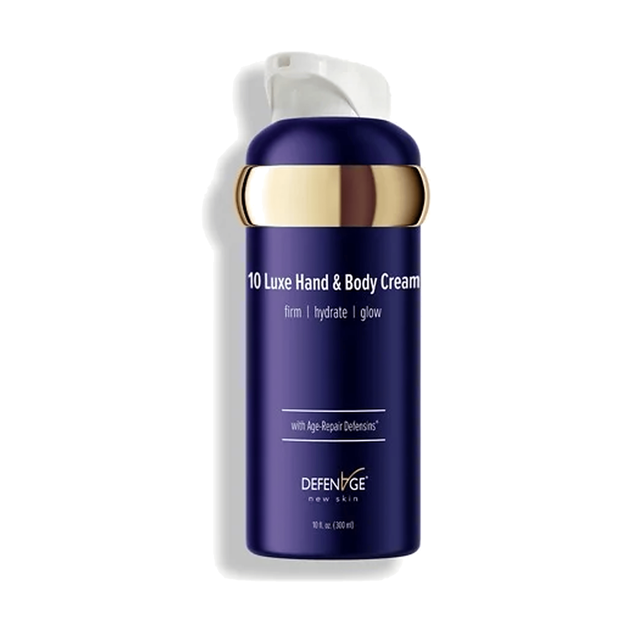 DefenAge 10 Luxe Hand and Body Cream in a 10 oz navy pump bottle with gold collar for firm hydrated glowing skin