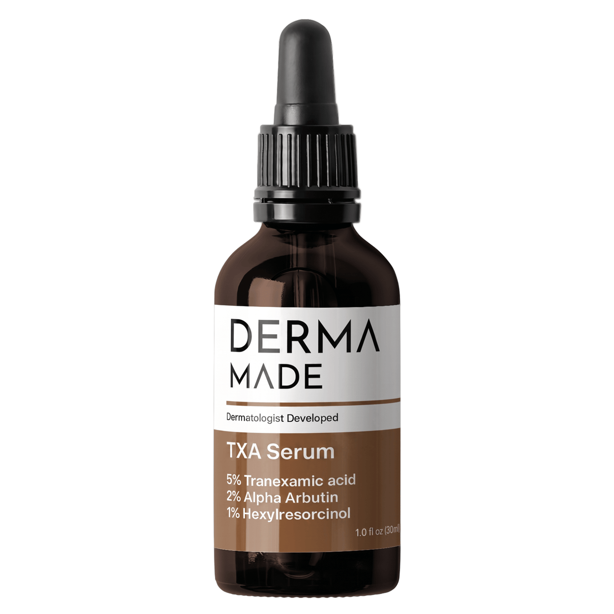Derma Made TXA Serum 30ml with 5% tranexamic acid 2% alpha arbutin and 1% hexylresorcinol in amber dropper bottle