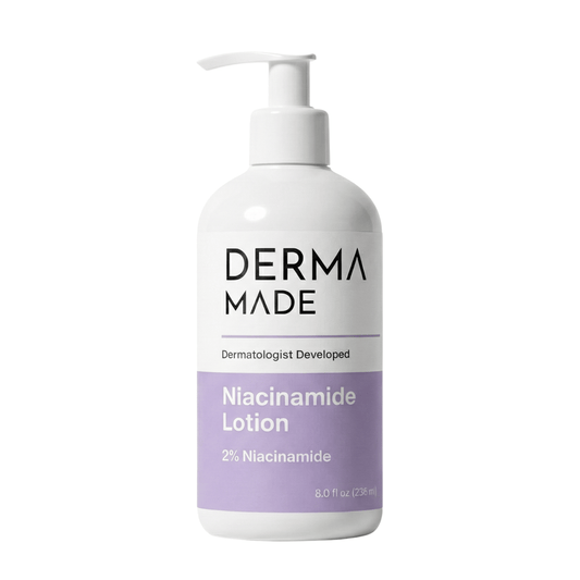 DermaMade Niacinamide Lotion with 2% niacinamide in an 8 oz white pump bottle with a lavender label