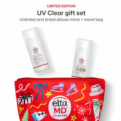 EltaMD UV Clear sunscreen minis with red holiday travel bag