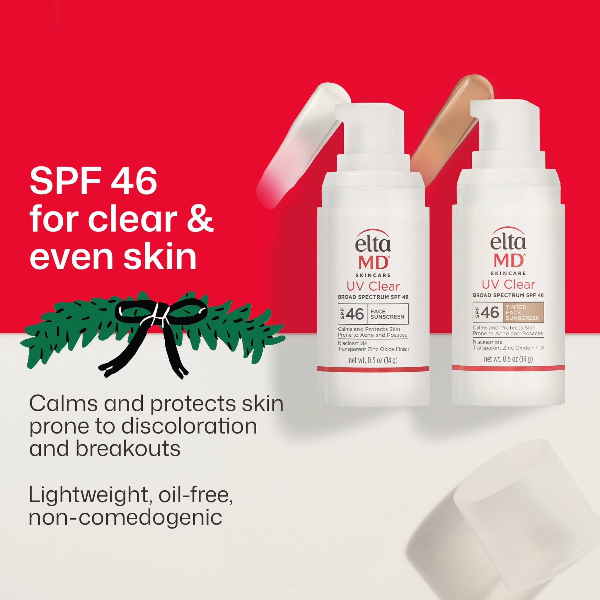 EltaMD UV Clear SPF 46 sunscreen bottles with cream texture swatches
