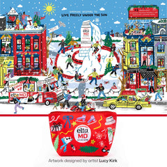 Illustrated holiday scene featuring EltaMD UV Daily sunscreen and winter activities