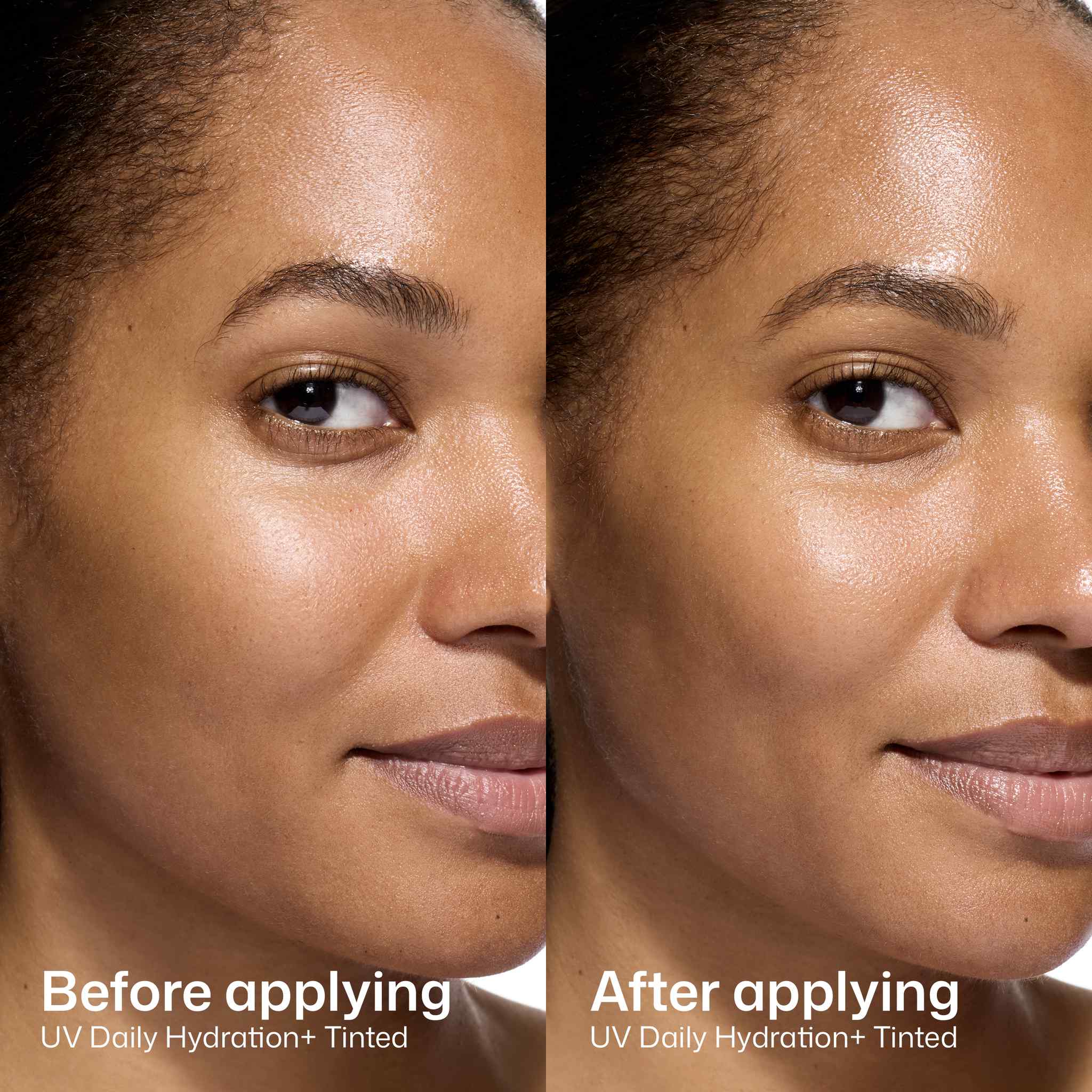 Before and after applying EltaMD UV Daily Hydration+ tinted sunscreen showing improved skin radiance and plumping