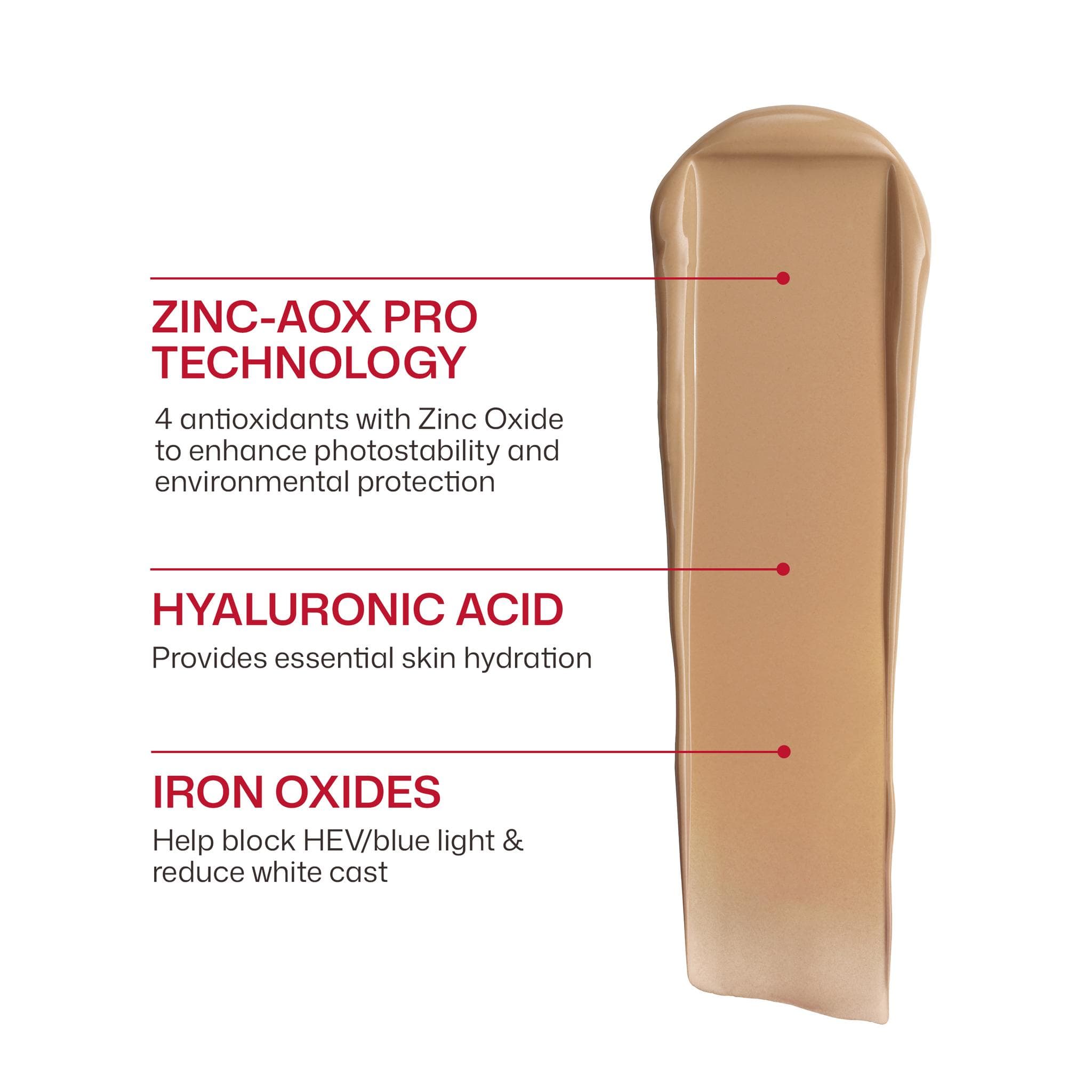 EltaMD UV Daily Hydration+ tinted formula swatch highlighting zinc oxide hyaluronic acid and iron oxides key ingredients