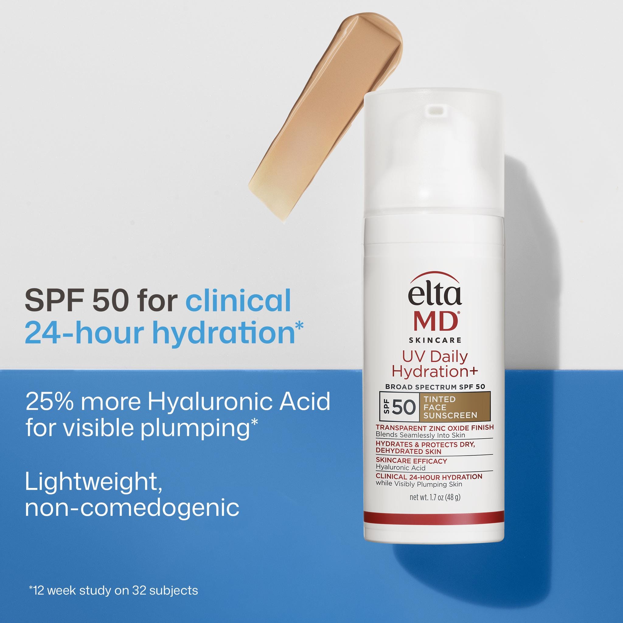 EltaMD UV Daily Hydration+ SPF 50 tinted sunscreen with 24-hour hydration and hyaluronic acid benefits callouts