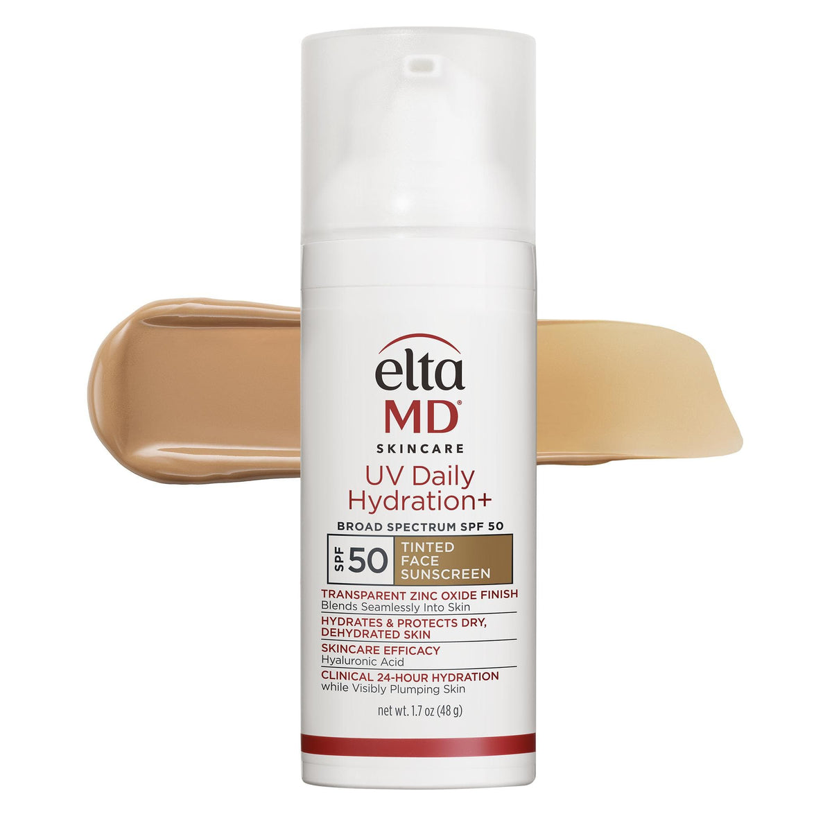 EltaMD UV Daily Hydration+ SPF 50 tinted face sunscreen pump bottle with beige product swatch on white background