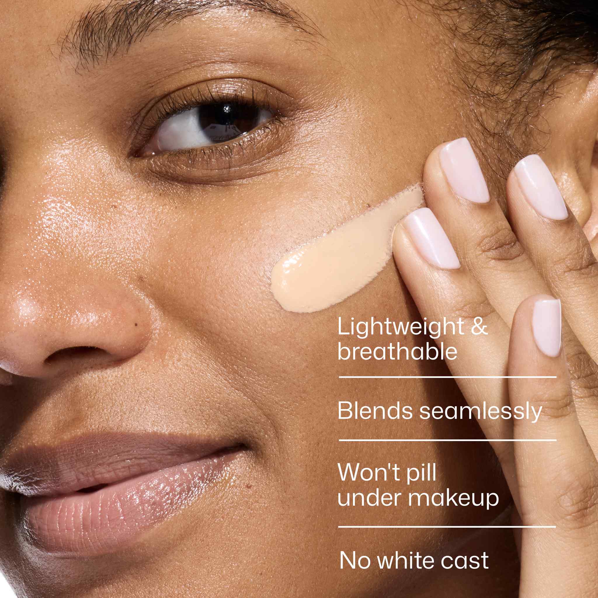 EltaMD UV Daily Hydration+ tinted sunscreen being blended on cheek showing lightweight breathable no-white-cast formula
