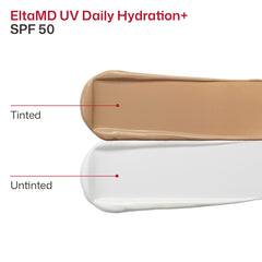 EltaMD UV Daily Hydration+ SPF 50 tinted versus untinted formula swatches side by side comparison