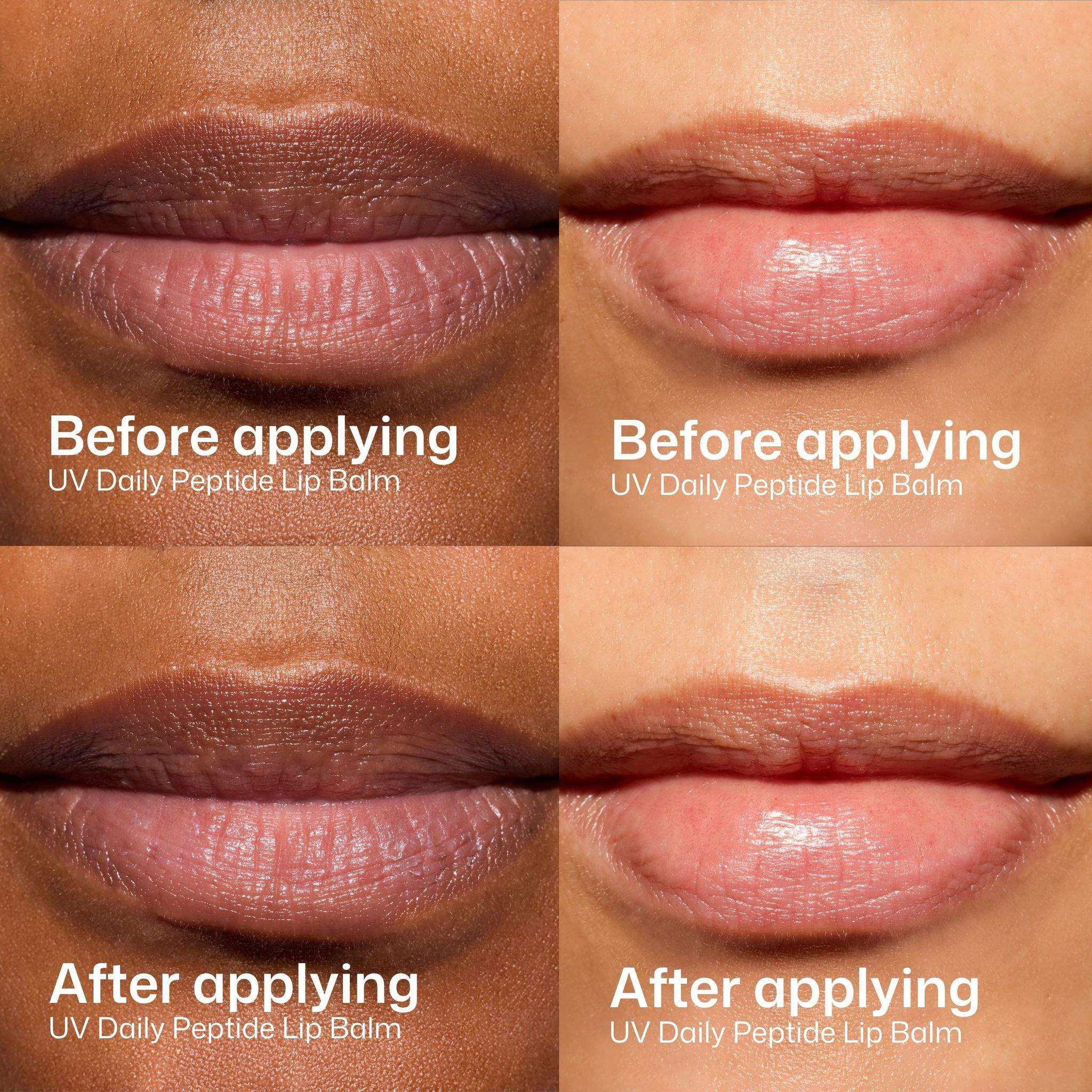 Before and after applying EltaMD UV Daily Peptide Lip Balm showing smoother more hydrated lips across two skin tones