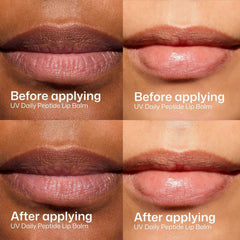 Before and after applying EltaMD UV Daily Peptide Lip Balm showing smoother more hydrated lips across two skin tones