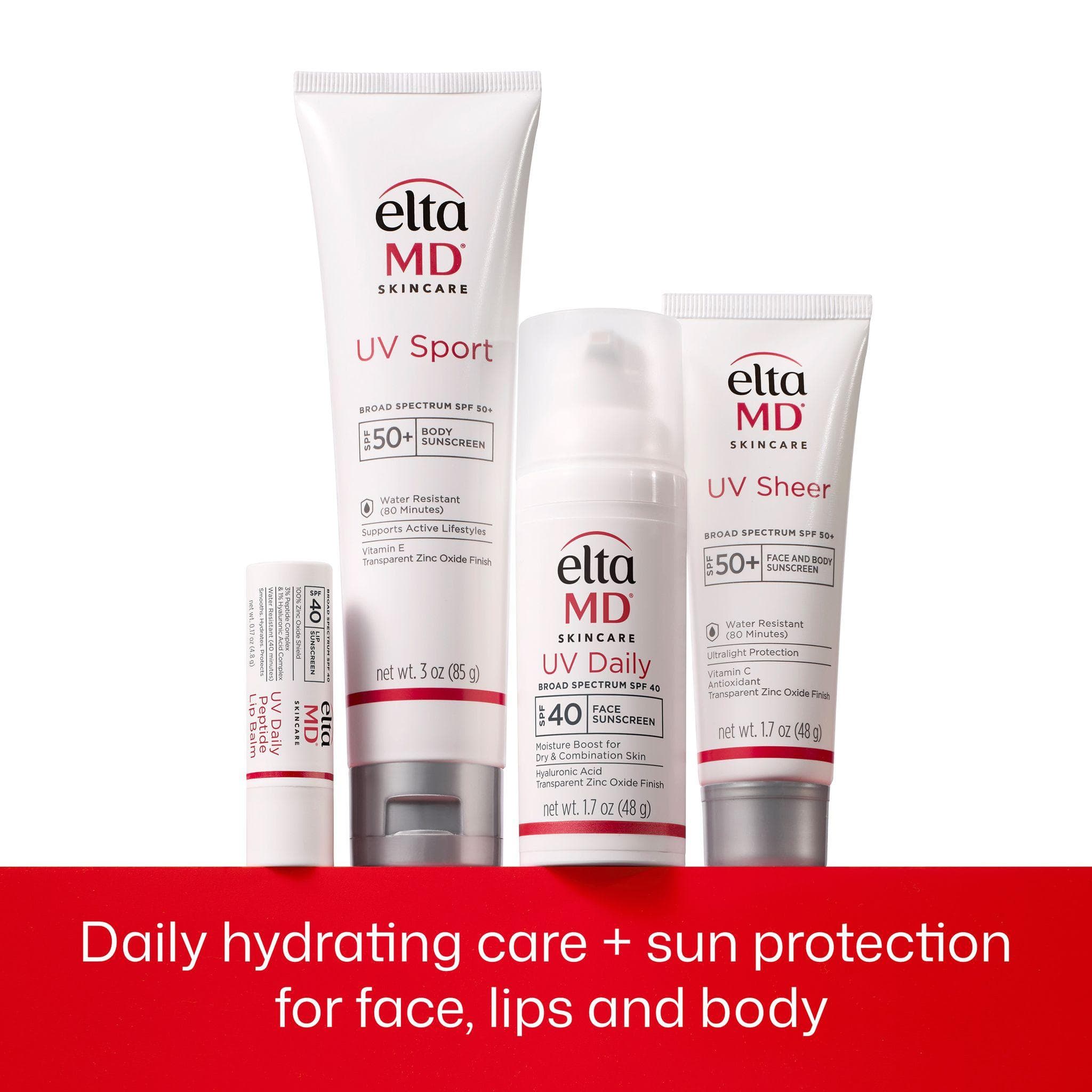 EltaMD UV Daily Peptide Lip Balm alongside UV Daily UV Sport and UV Sheer sunscreens for face lips and body protection