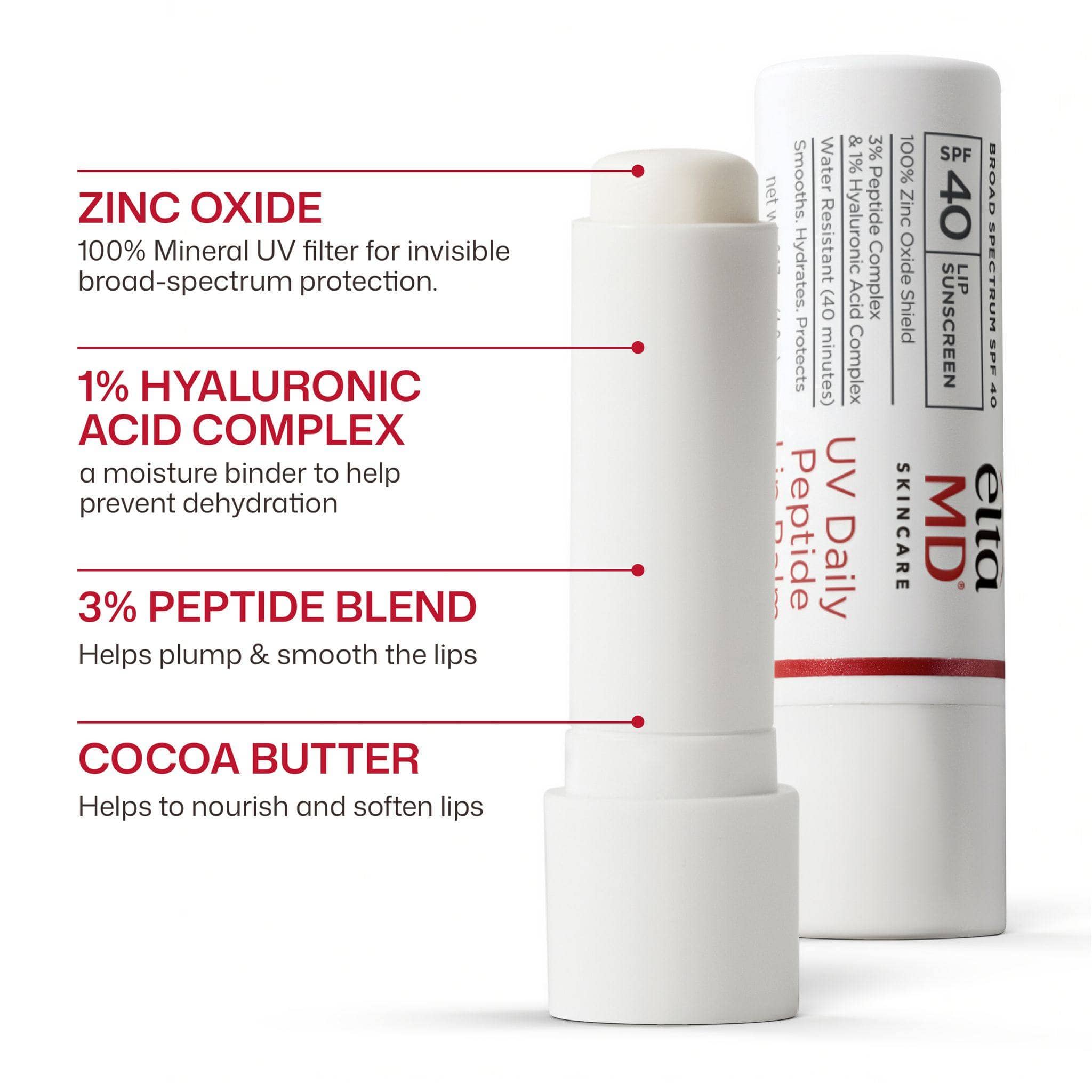 EltaMD UV Daily Peptide Lip Balm key ingredients: zinc oxide peptide blend hyaluronic acid and cocoa butter