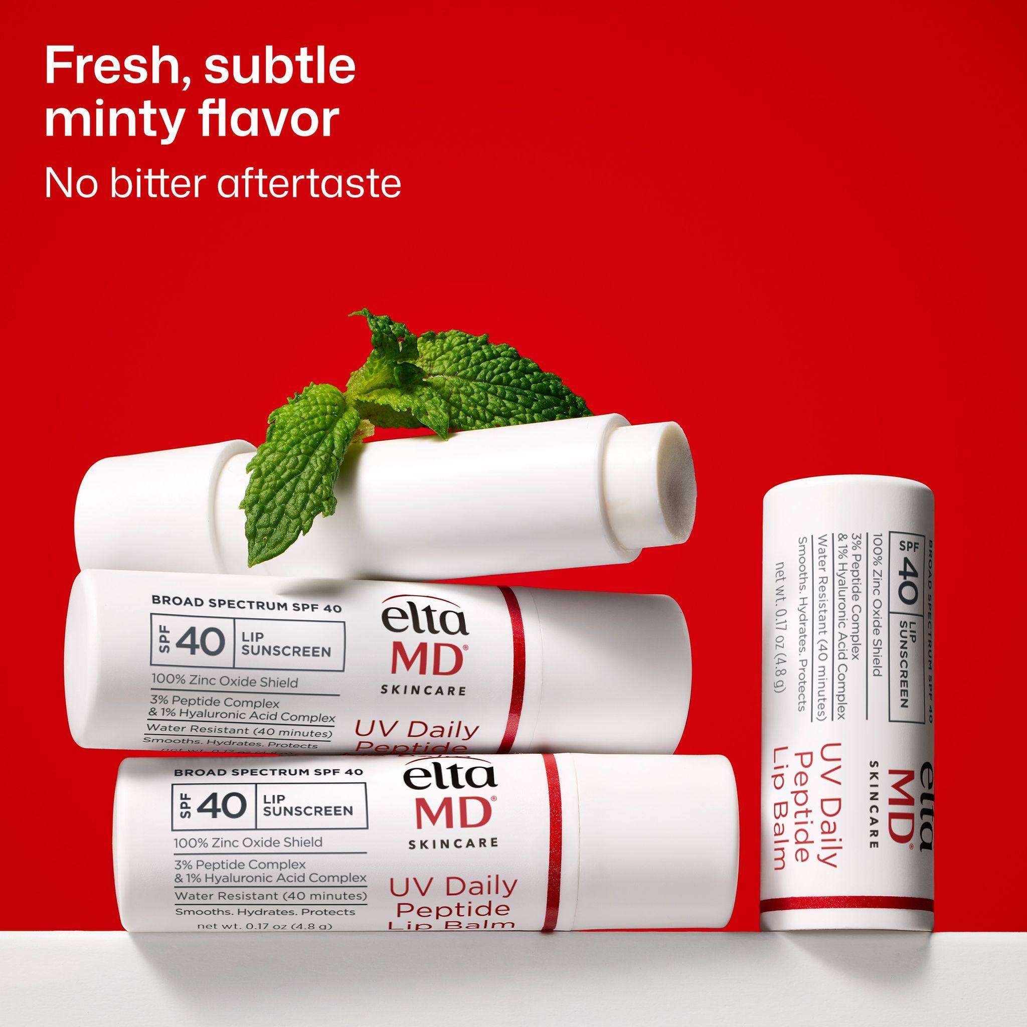EltaMD UV Daily Peptide Lip Balm sticks with fresh mint leaves highlighting subtle minty flavor and no bitter aftertaste