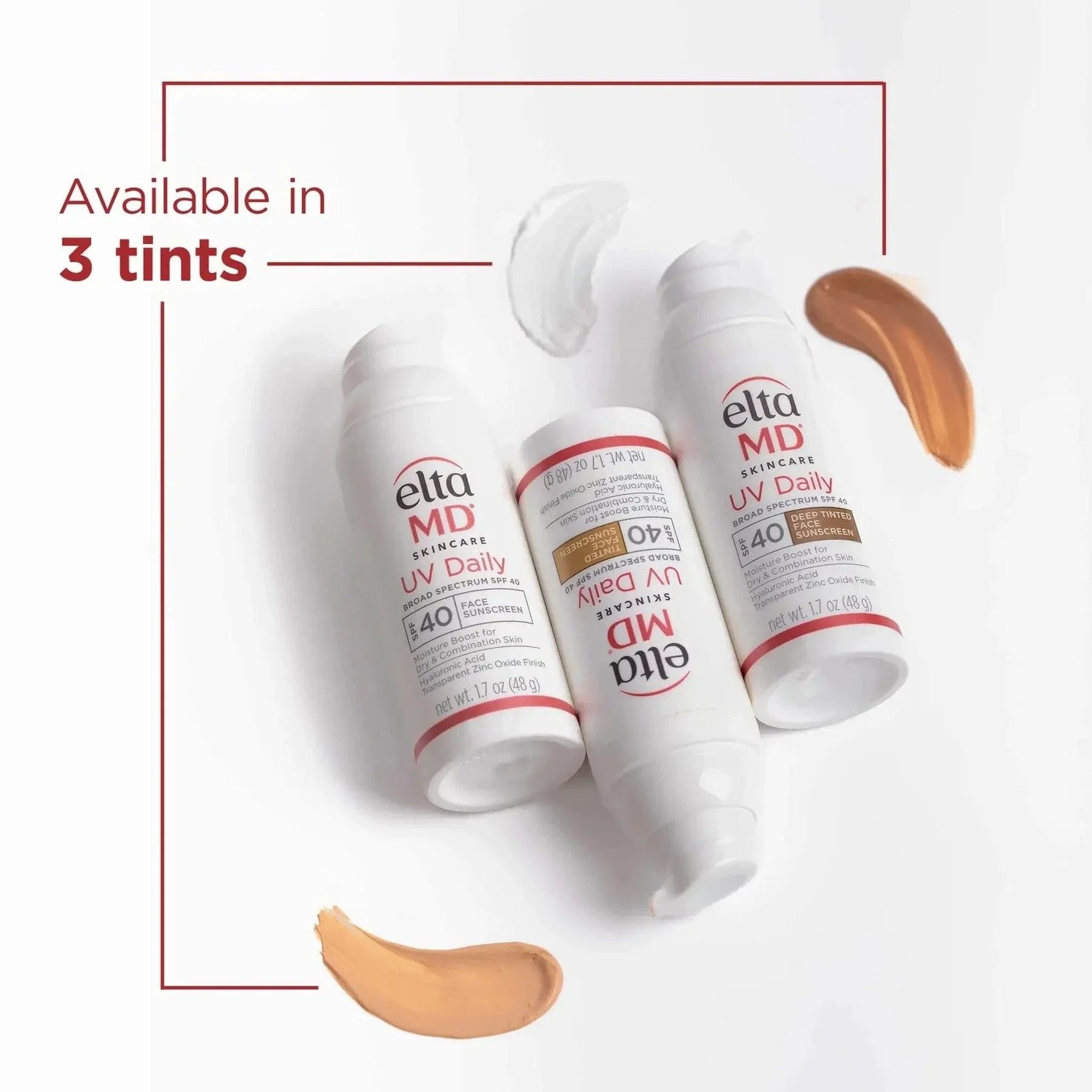 EltaMD UV Daily SPF 40 Face Sunscreen available in 3 tints: untinted, tinted, and deep tinted with color swatches