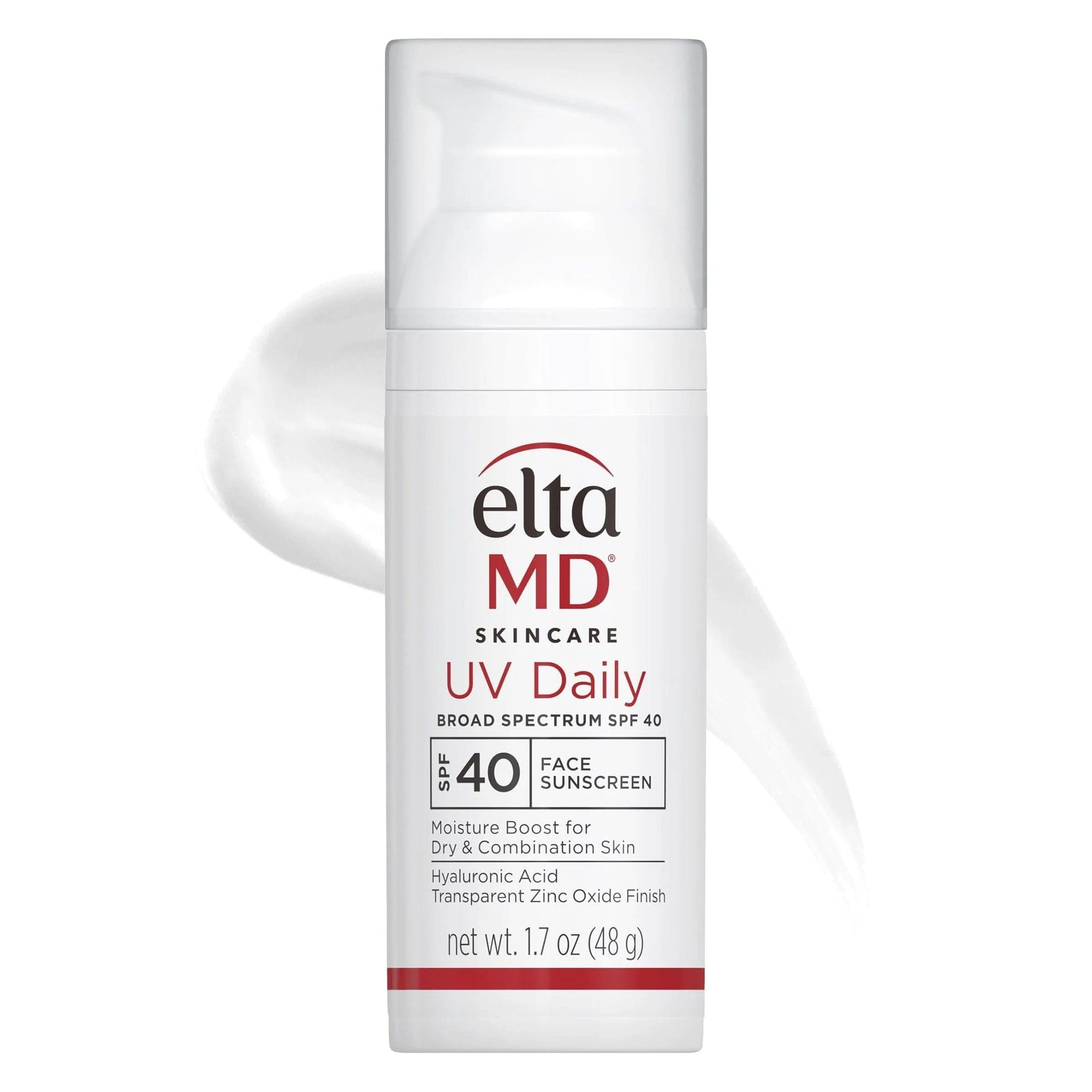 EltaMD UV Daily Broad Spectrum SPF 40 untinted face sunscreen pump bottle with Hyaluronic Acid and Transparent Zinc Oxide