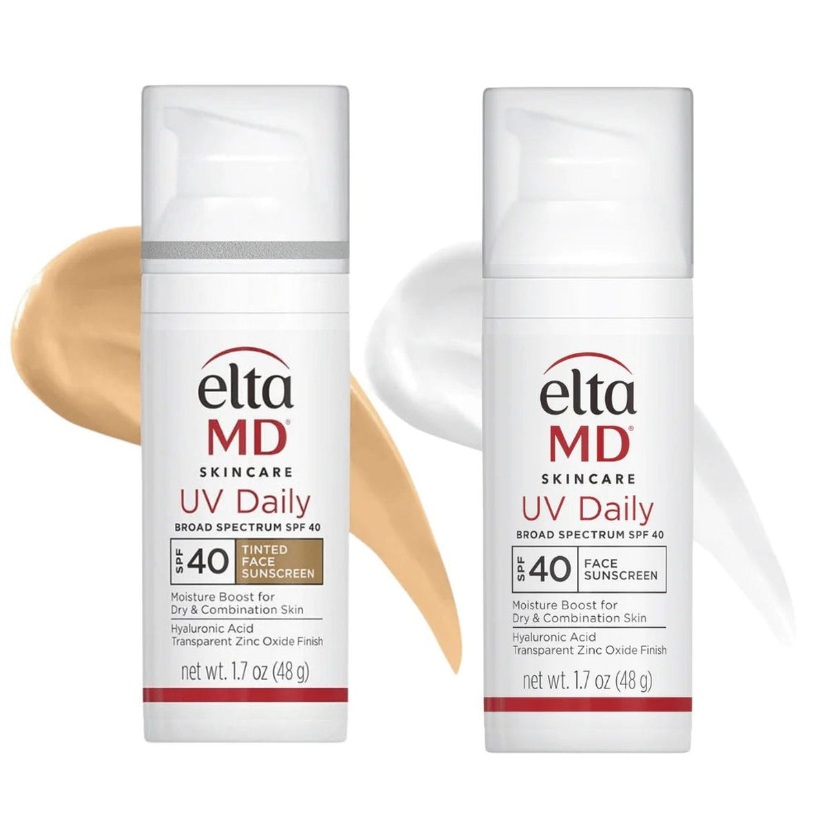 EltaMD UV Daily SPF 40 Face Sunscreen in tinted and untinted variants side by side with texture swatches