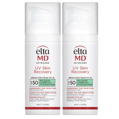 Two bottles of EltaMD UV Skin Recovery SPF 50 Red Color Correcting Face Sunscreen shop at Exclusive Beauty Club
