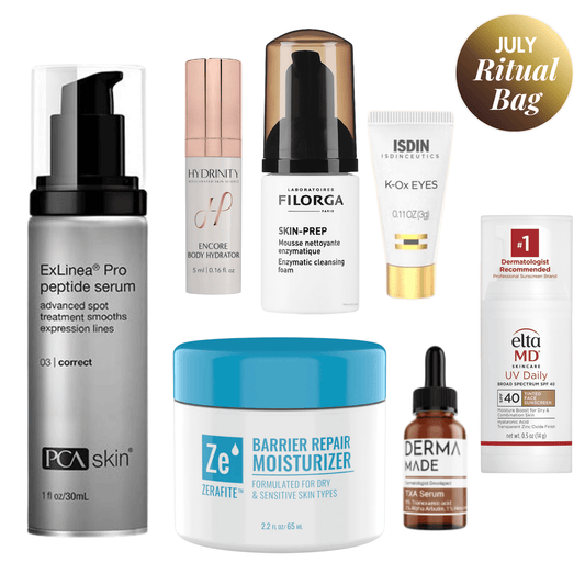 July Ritual Bag featuring a curated collection of dermatologist-recommended skincare products including PCA Skin ExLinea Pro Peptide Serum, Zerafite Barrier Repair Moisturizer, Filorga Skin-Prep Enzymatic Cleansing Foam, Derma Made TXA Serum, Hydrinity ENCORE Body Hydrator, ISDIN K-Ox Eyes, and EltaMD UV Daily Tinted SPF 40. Graphic includes a "July Ritual Bag" badge highlighting the monthly skincare subscription. Available at Exclusive Beauty Club.