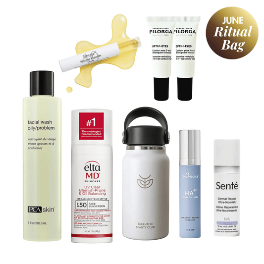 Flat lay of the Exclusive Beauty Club Beauty Ritual Bag featuring PCA Skin Facial Wash Oily/Problem cleanser, EltaMD UV Clear Acne Blemish-Prone & Oil Balancing SPF 50, Sente Dermal Repair Cream Deluxe Mini, SkinMedica HA5 Hydra Collagen Replenish + Restore Hydrator Deluxe Mini, Filorga Optim Eyes samples, Biopelle Tensage Intensive Serum 40 ampoule sample, and the Exclusive Beauty Club white On-The-Go Mini Bottle arranged on a clean white background. Available at Exclusive Beauty Club.
