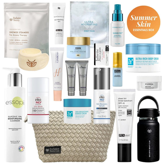 Summer Skin Essentials Box with skincare products including SPF serums moisturizers sheet mask and Exclusive Beauty Club cosmetic bag