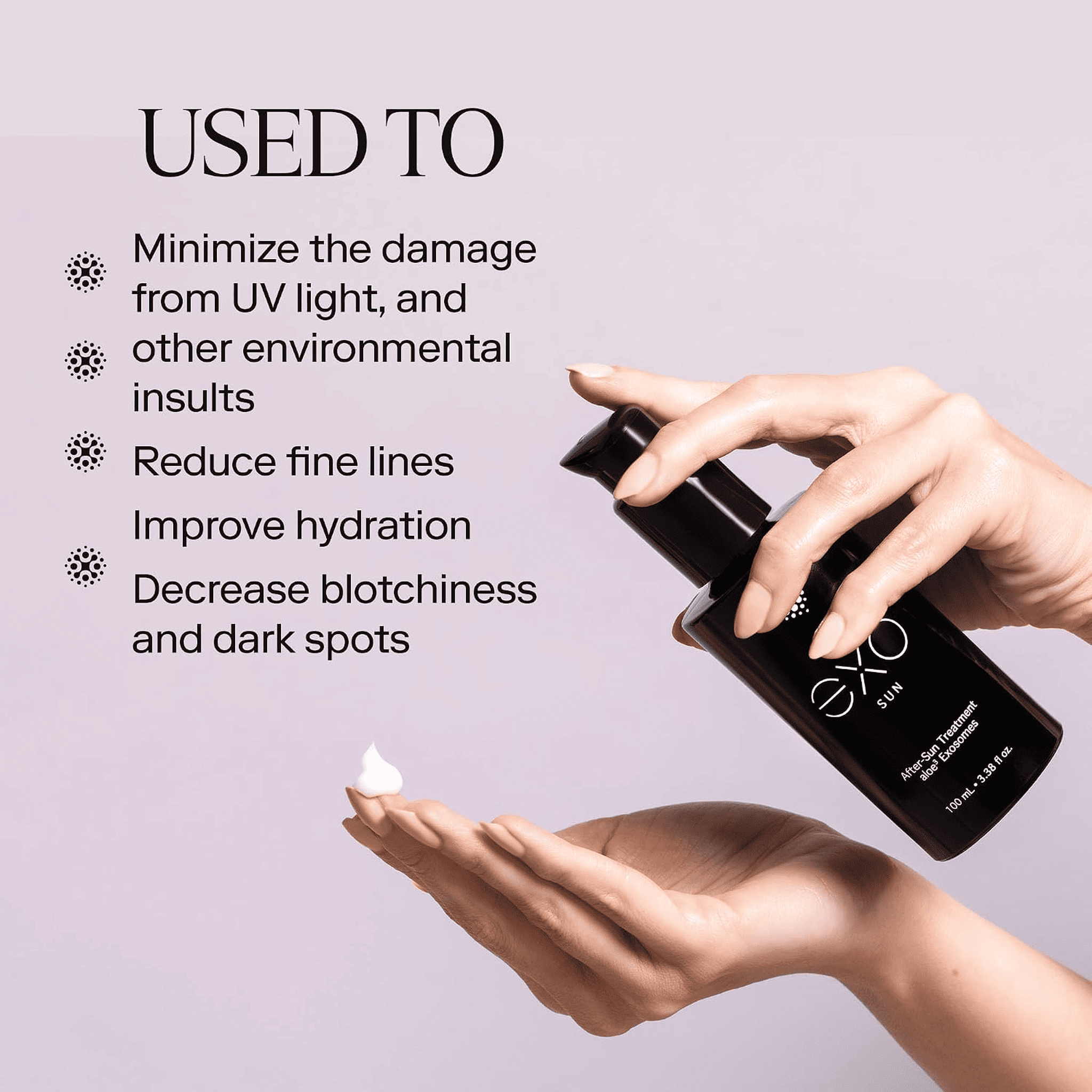 Woman dispensing Exo Sun after-sun treatment into hand for UV damage relief