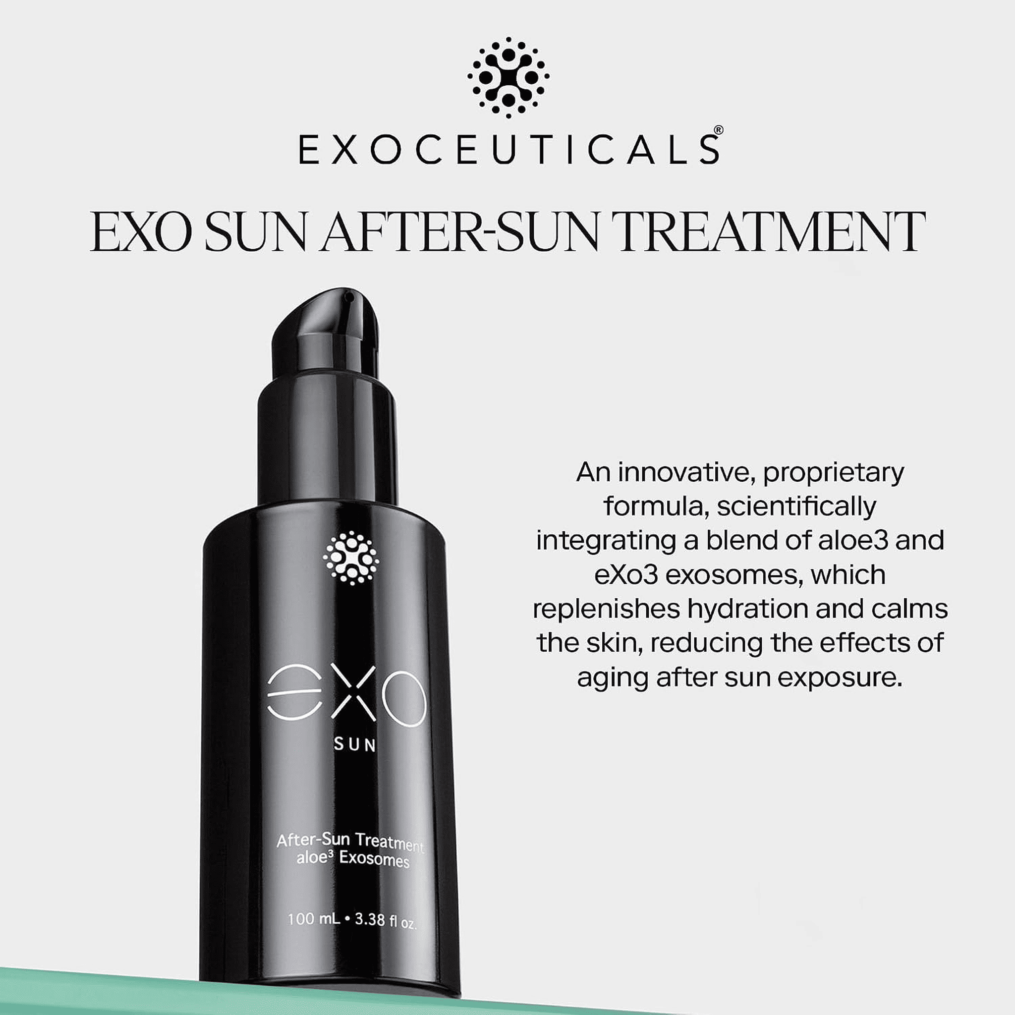 Exo Sun after-sun treatment bottle with aloe3 and exosome formula description