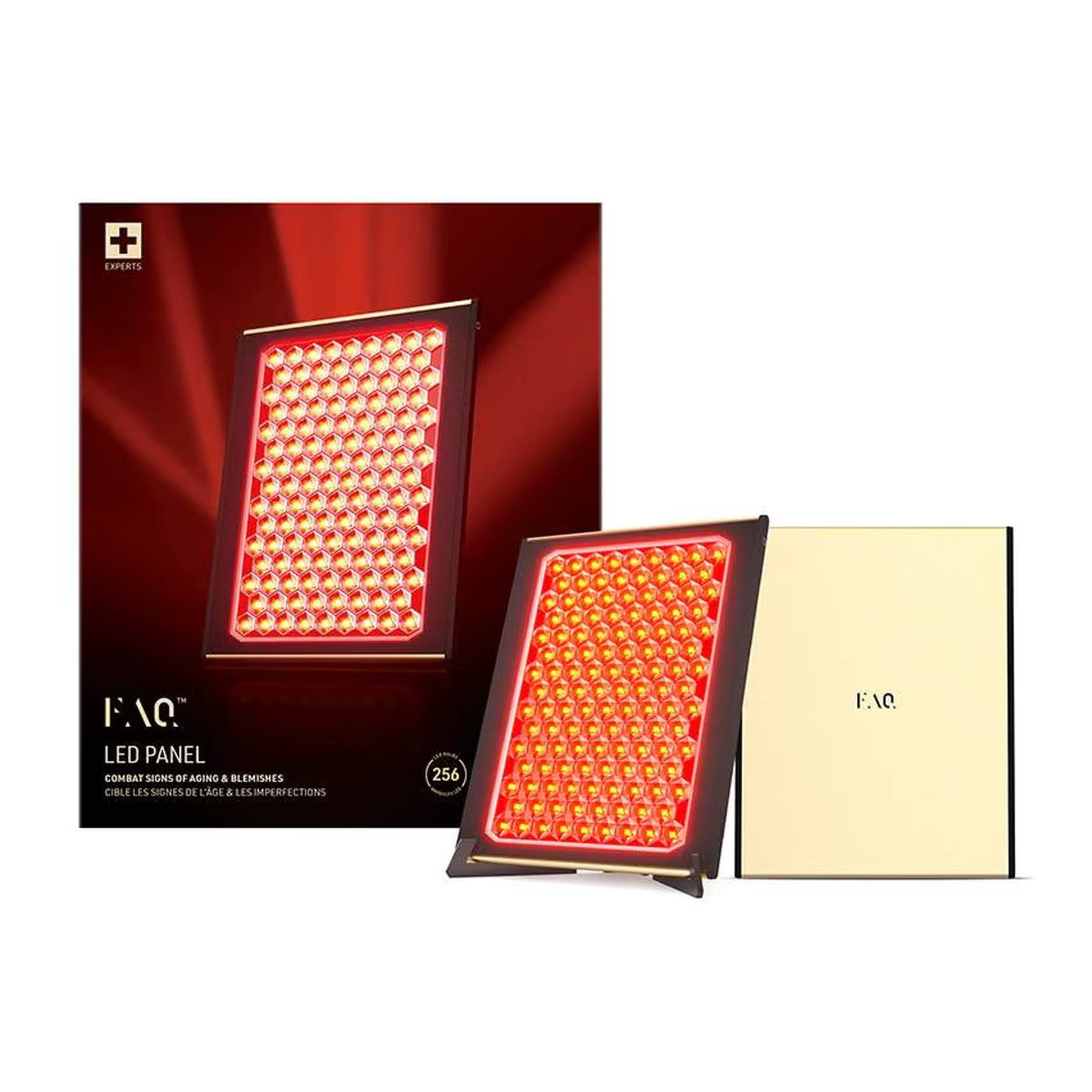 FAQ LED panel with gold retail packaging box