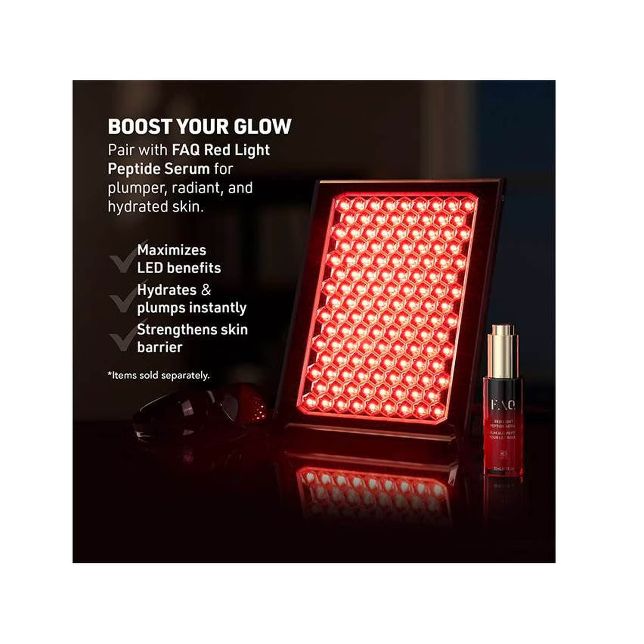 FAQ LED panel paired with red light peptide serum
