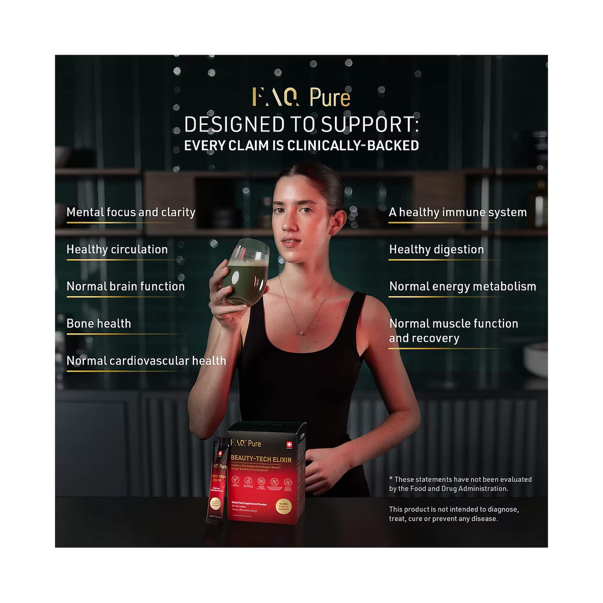 Woman drinking FAQ Pure Beauty-Tech Elixir for daily wellness support