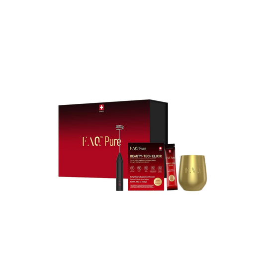 FAQ Pure Beauty-Tech Elixir gift set with mixer and gold cup