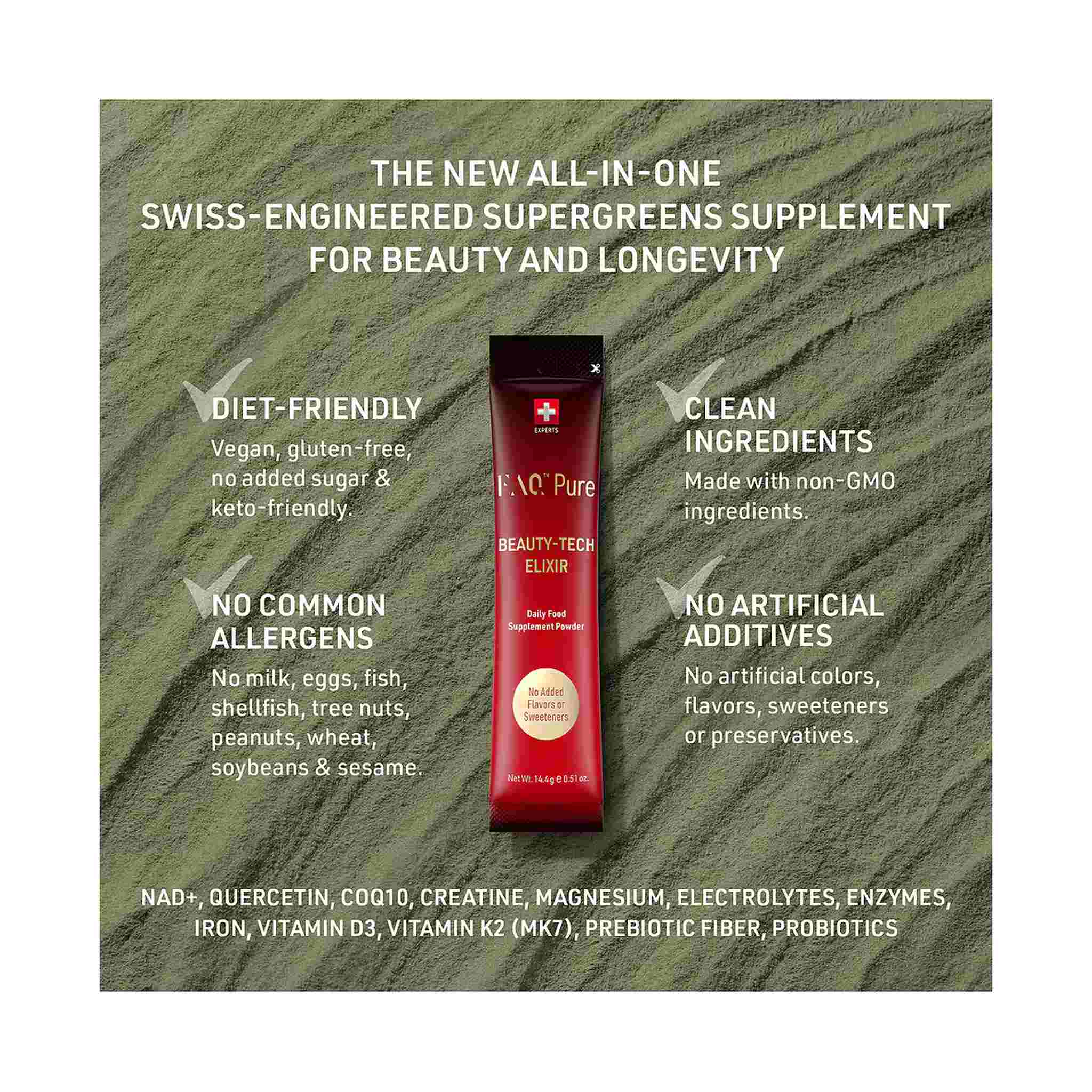 FAQ Pure Beauty-Tech Elixir sachet with clean ingredient benefits