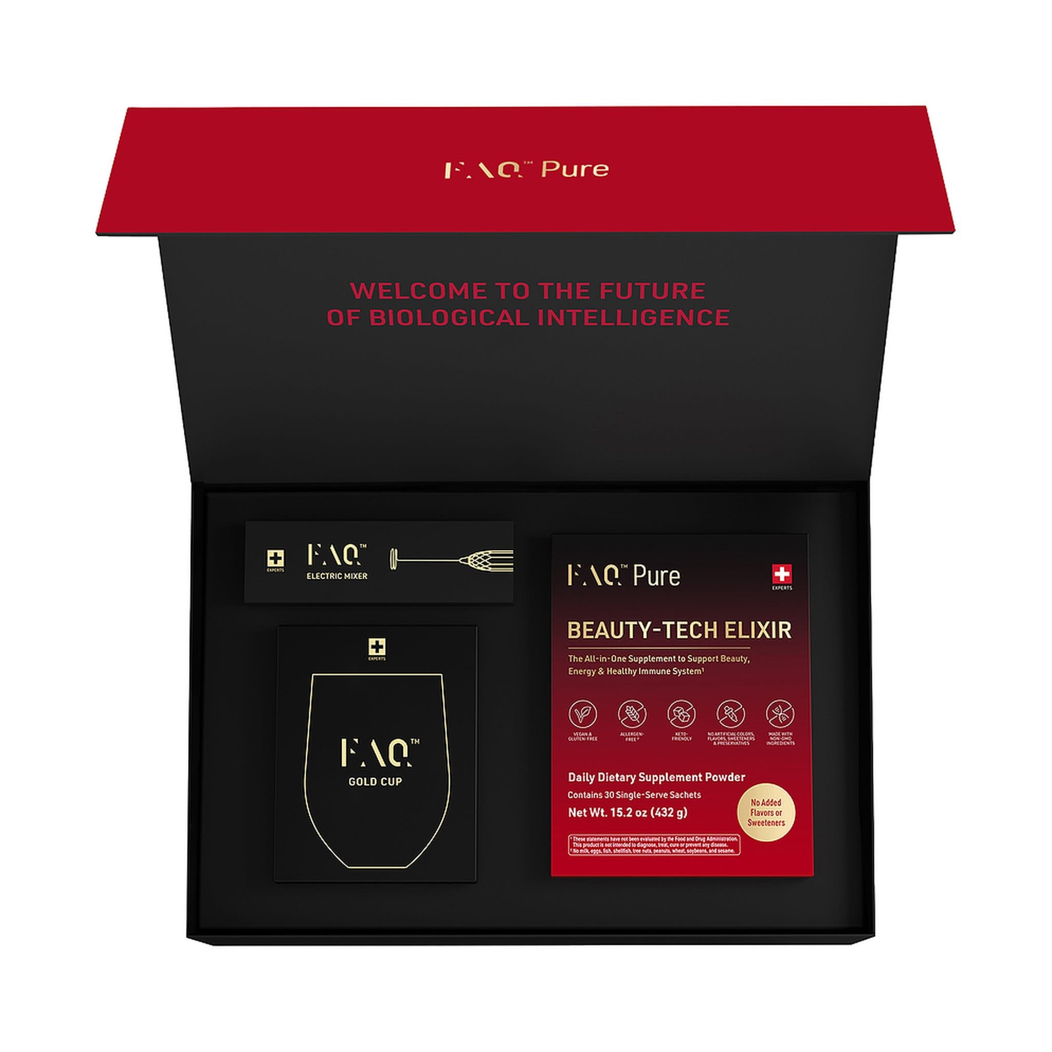 FAQ Pure gift box open showing mixer cup and elixir sachets