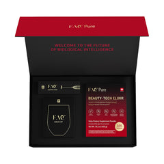 FAQ Pure gift box open showing mixer cup and elixir sachets