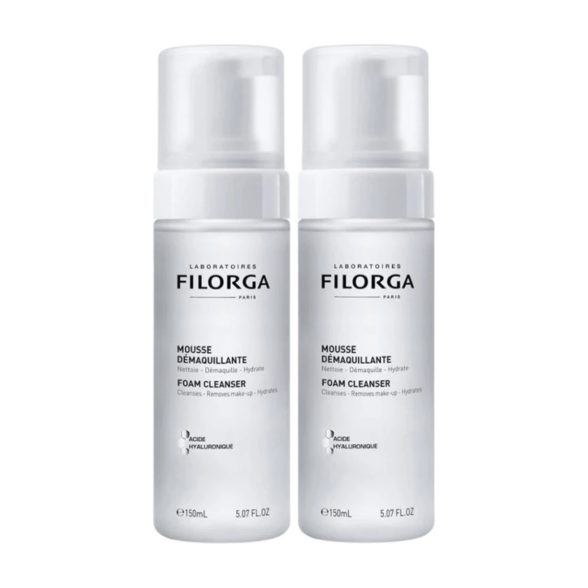 Filorga Foam Cleanser Duo 150ml bottles with hyaluronic acid for cleansing makeup removal and hydration
