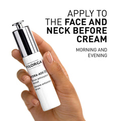 Filorga Hydra-AOX 5 antioxidant serum held in hand apply to face and neck before cream morning and evening